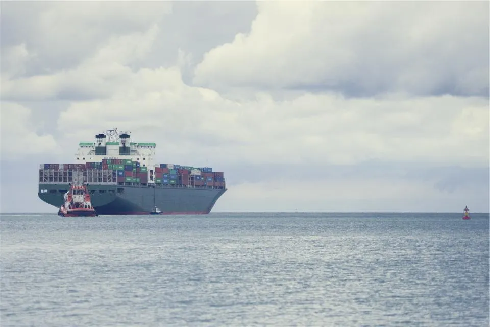 A container ship and tugboat at sea under a cloudy sky