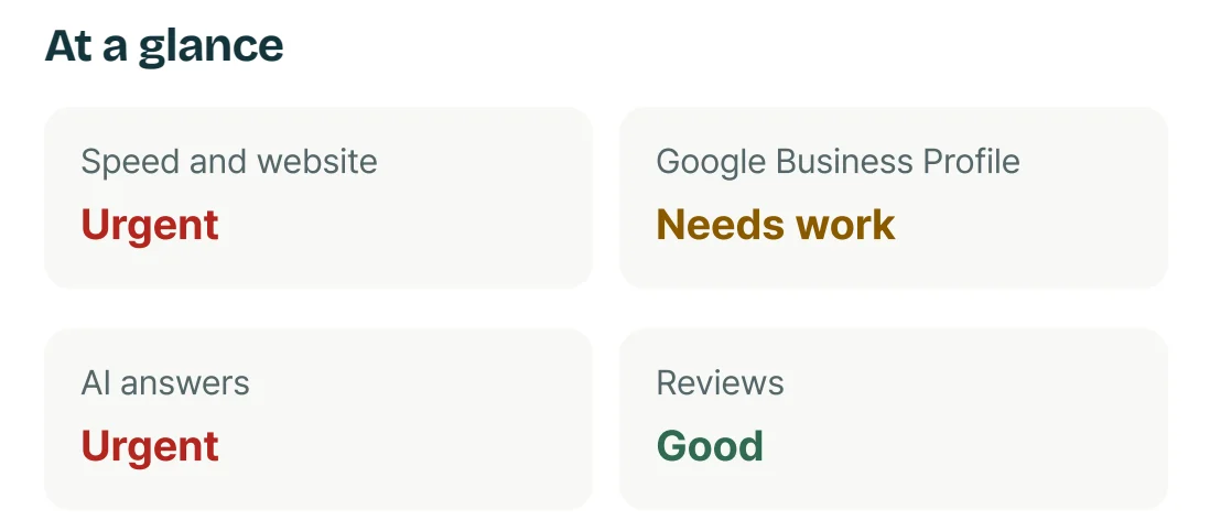 The “At a glance” verdicts from an example free check: speed and website, Google Business Profile, AI answers and reviews