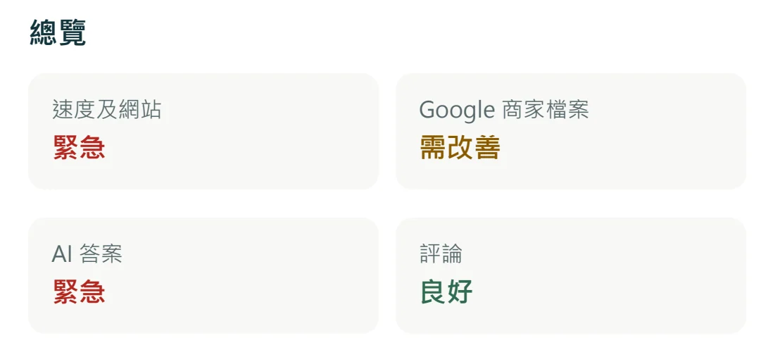 免費診斷範例的「總覽」判斷:速度及網站、Google 商家檔案、AI 答案及評論